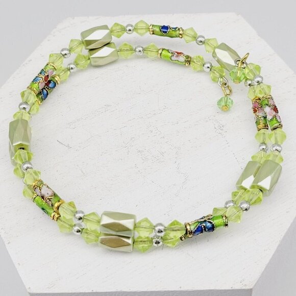 Artisan Double Wrap Memory Wire Bracelet Green Cloisonne Glass Acrylic Beads - Picture 3 of 4